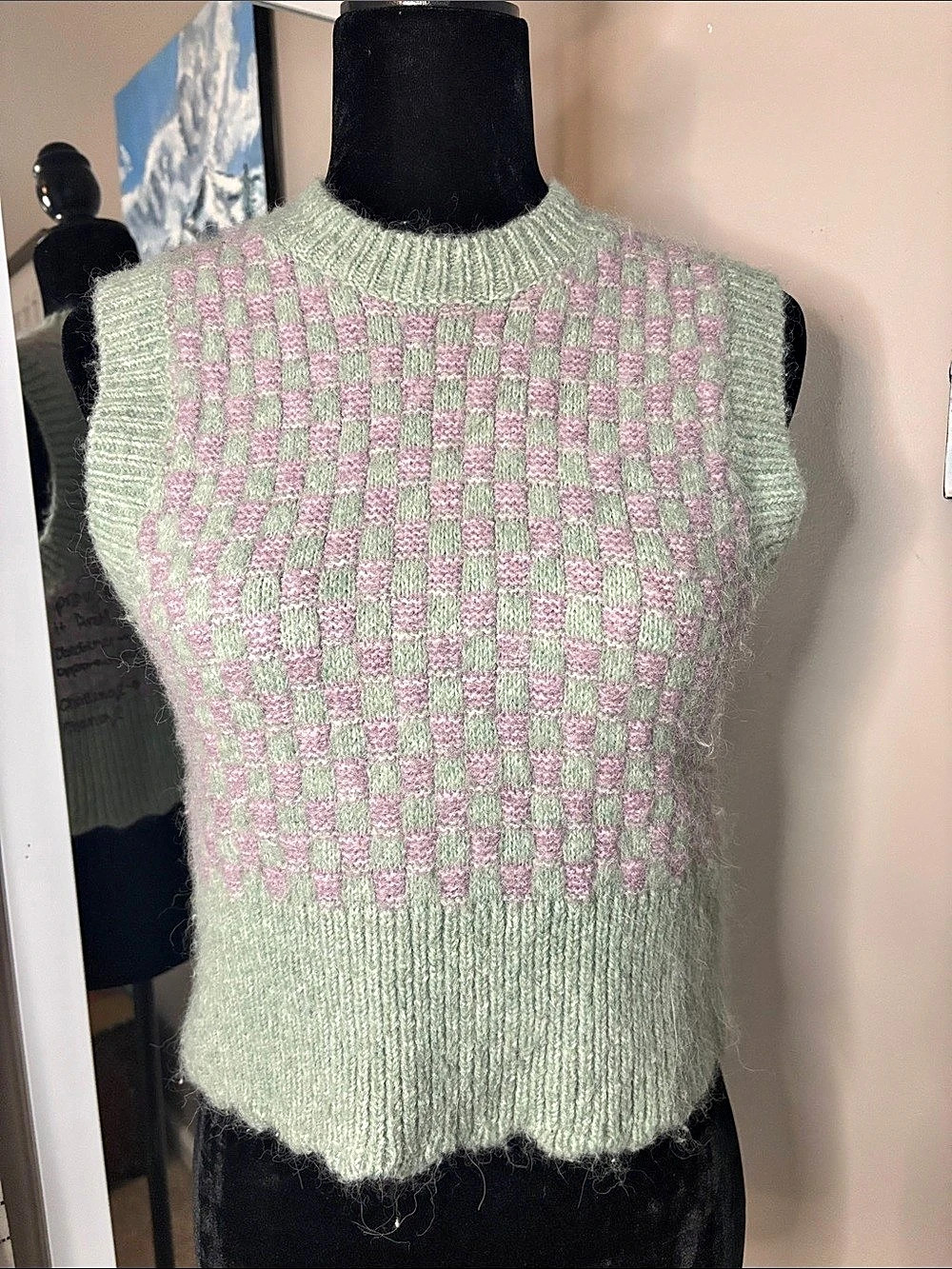 Zara Purple and mint Green Plaid Knit Vest Checkered Knit Vest in Green & Purple